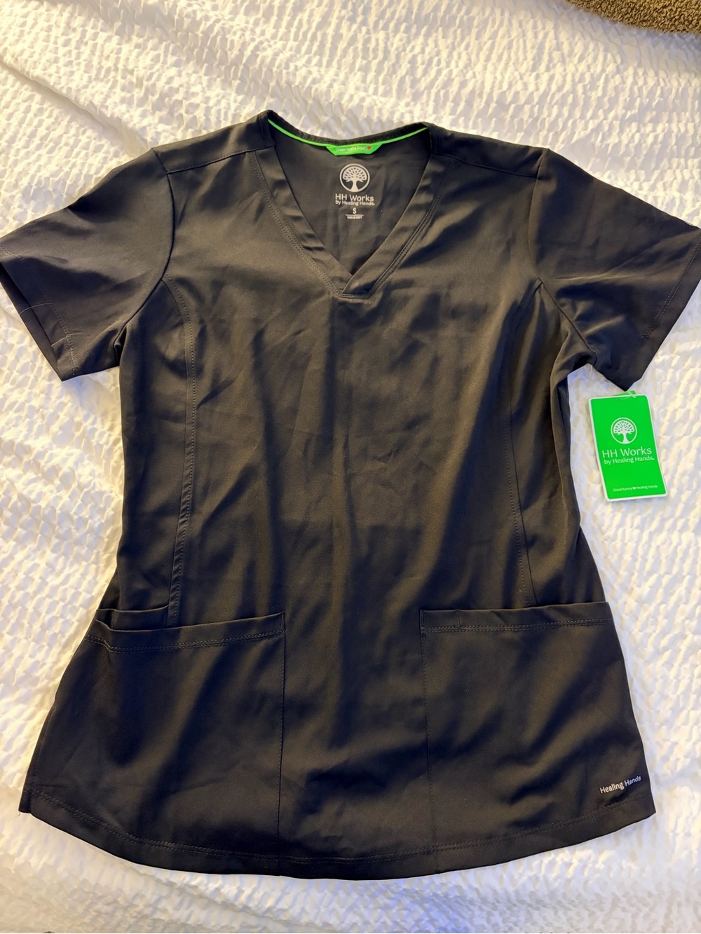 HH Works healing hands Black V-Neck Short Sleeve Scrub Top Monica Sz S NEW